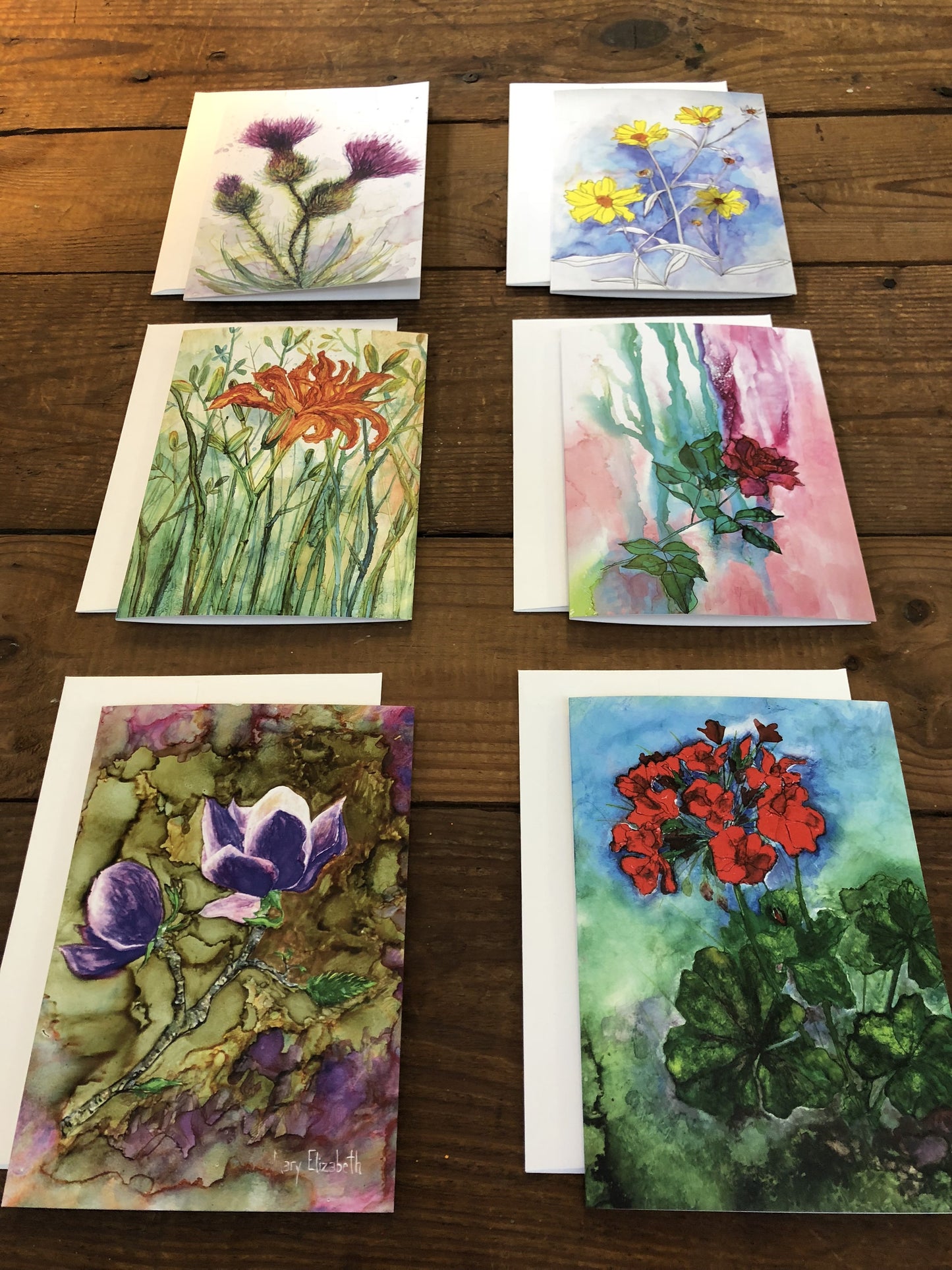 Box Set of 6 Greeting Cards: Cards, Thistles, Daylily, Rose, Magnolia,