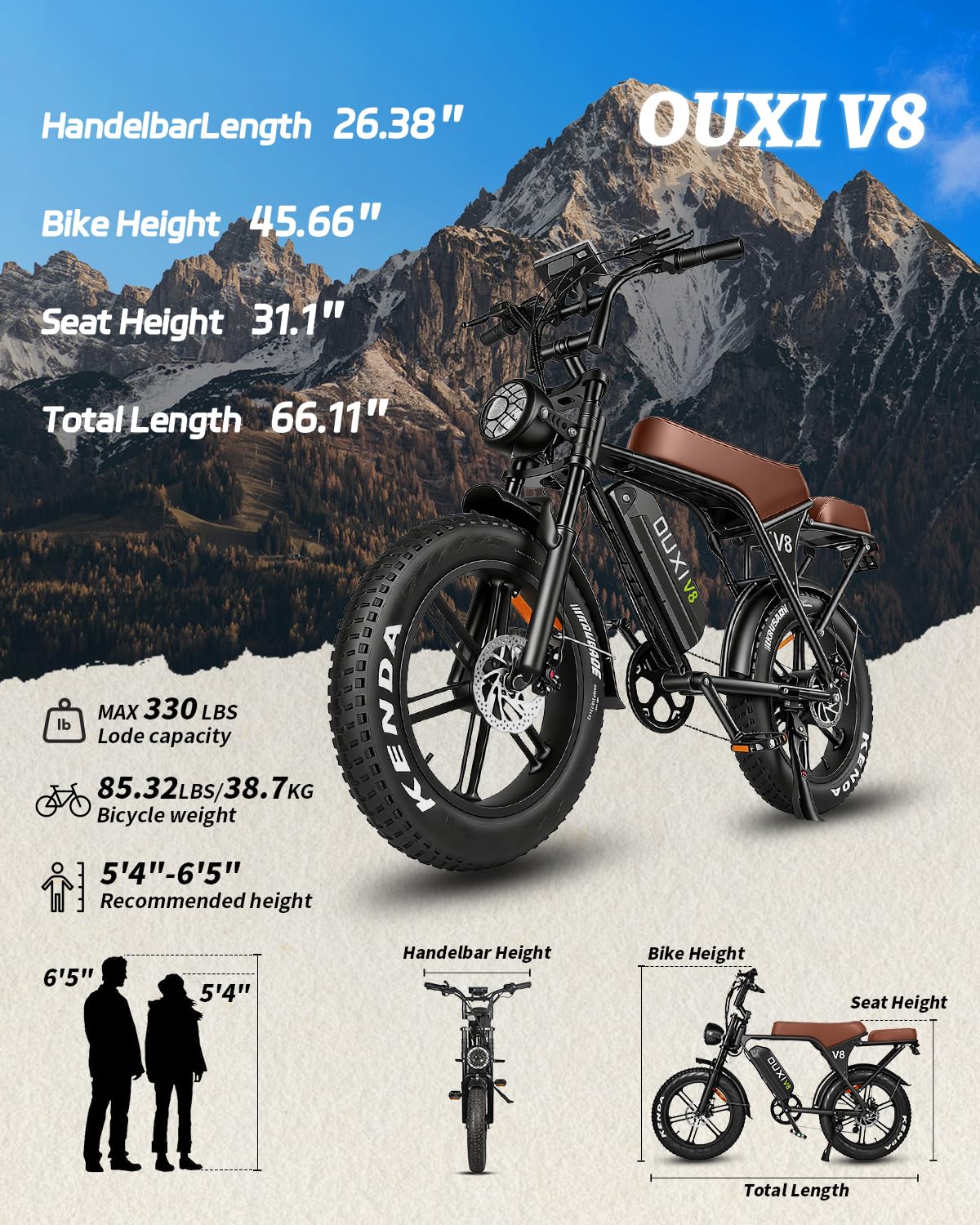 OUXI V8 Series Electric Bike for Adults, Peak 500W/1000W,20/31 MPH, 10.4/15/30 AH Removable Battery, 16''/20" Fat Tire Electric Bike,7-Speed Gear Electric Bicycles,Ebike Moped for Commuting & Off-Road