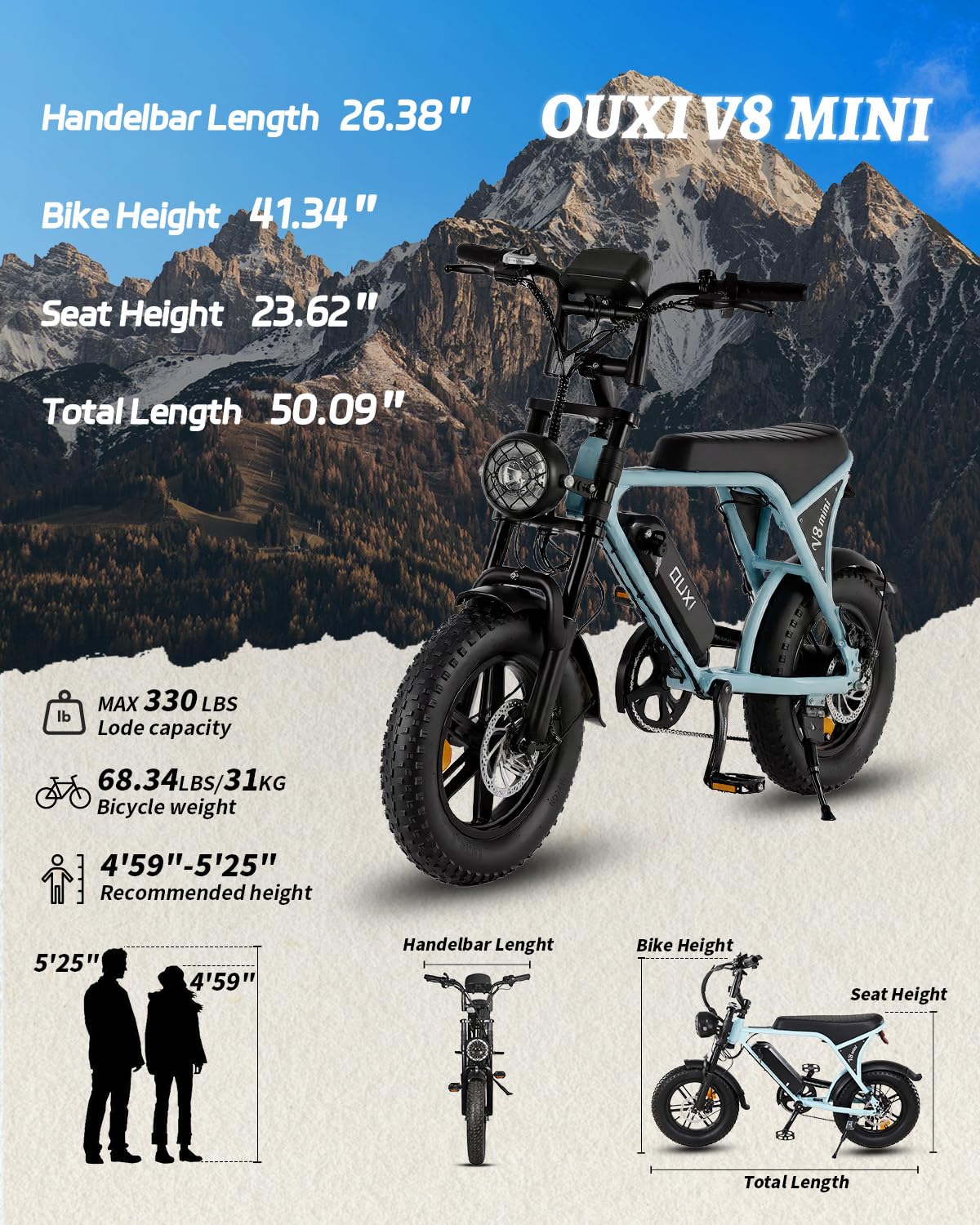 OUXI V8 Series Electric Bike for Adults, Peak 500W/1000W,20/31 MPH, 10.4/15/30 AH Removable Battery, 16''/20" Fat Tire Electric Bike,7-Speed Gear Electric Bicycles,Ebike Moped for Commuting & Off-Road