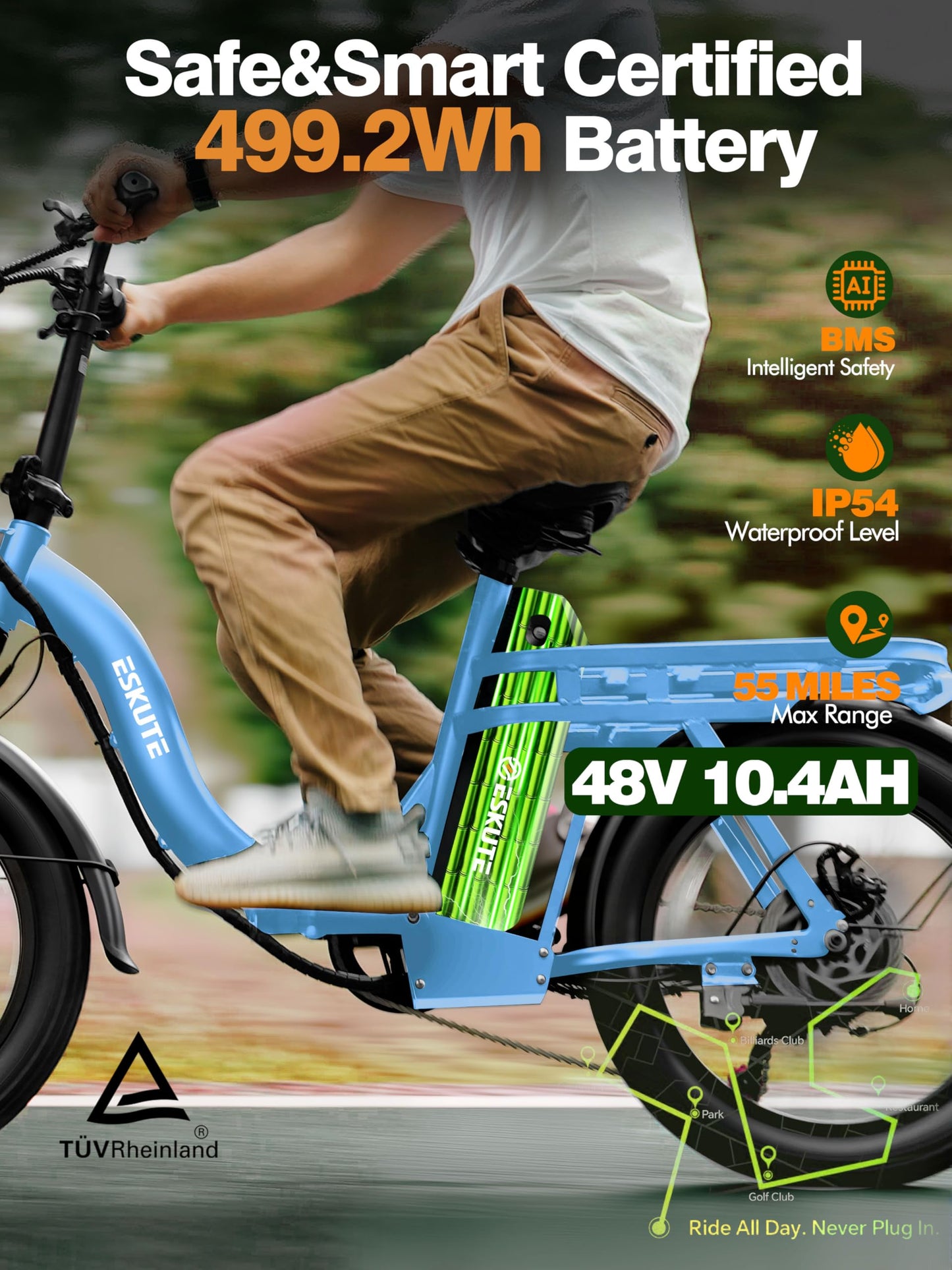1200W Peak Folding Electric Bike for Adults, 28MPH 48V 10.4Ah Removable Battery, 55-Mile Range, 20"x3" Fat Tire, Step-Thru Ebike with Basket 7-Speed – Commuter E-Bike