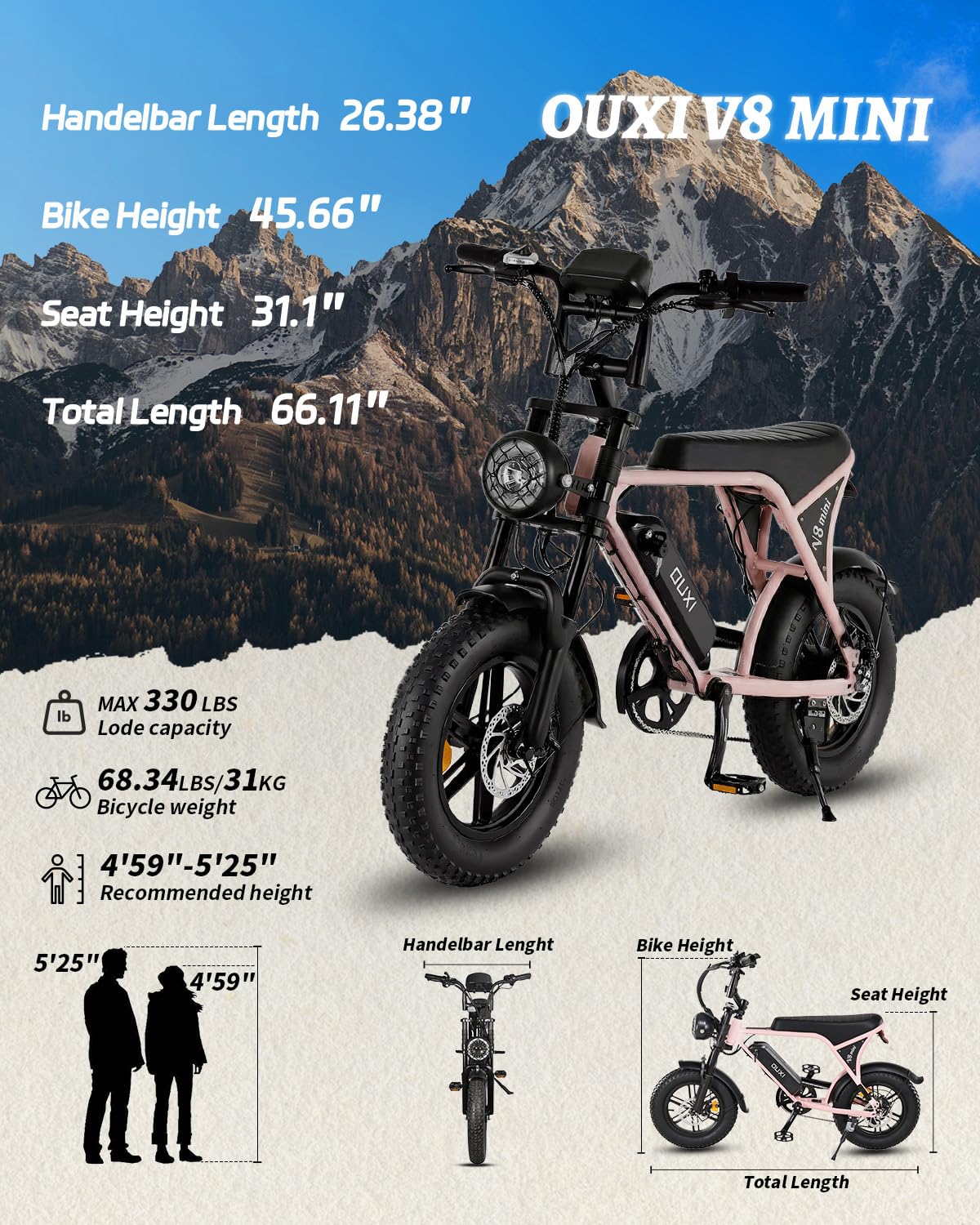 OUXI V8 Series Electric Bike for Adults, Peak 500W/1000W,20/31 MPH, 10.4/15/30 AH Removable Battery, 16''/20" Fat Tire Electric Bike,7-Speed Gear Electric Bicycles,Ebike Moped for Commuting & Off-Road
