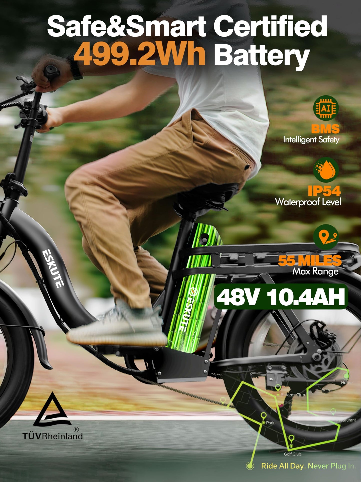 1200W Peak Folding Electric Bike for Adults, 28MPH 48V 10.4Ah Removable Battery, 55-Mile Range, 20"x3" Fat Tire, Step-Thru Ebike with Basket 7-Speed – Commuter E-Bike
