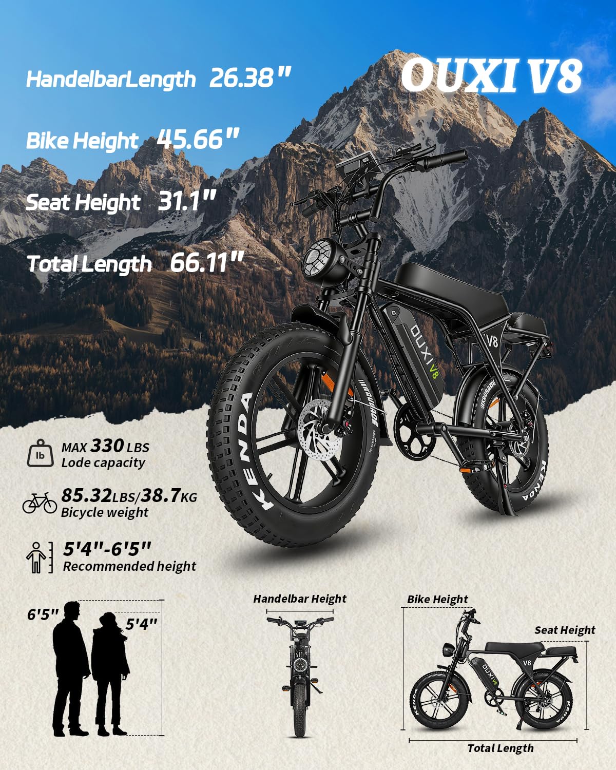 OUXI V8 Series Electric Bike for Adults, Peak 500W/1000W,20/31 MPH, 10.4/15/30 AH Removable Battery, 16''/20" Fat Tire Electric Bike,7-Speed Gear Electric Bicycles,Ebike Moped for Commuting & Off-Road