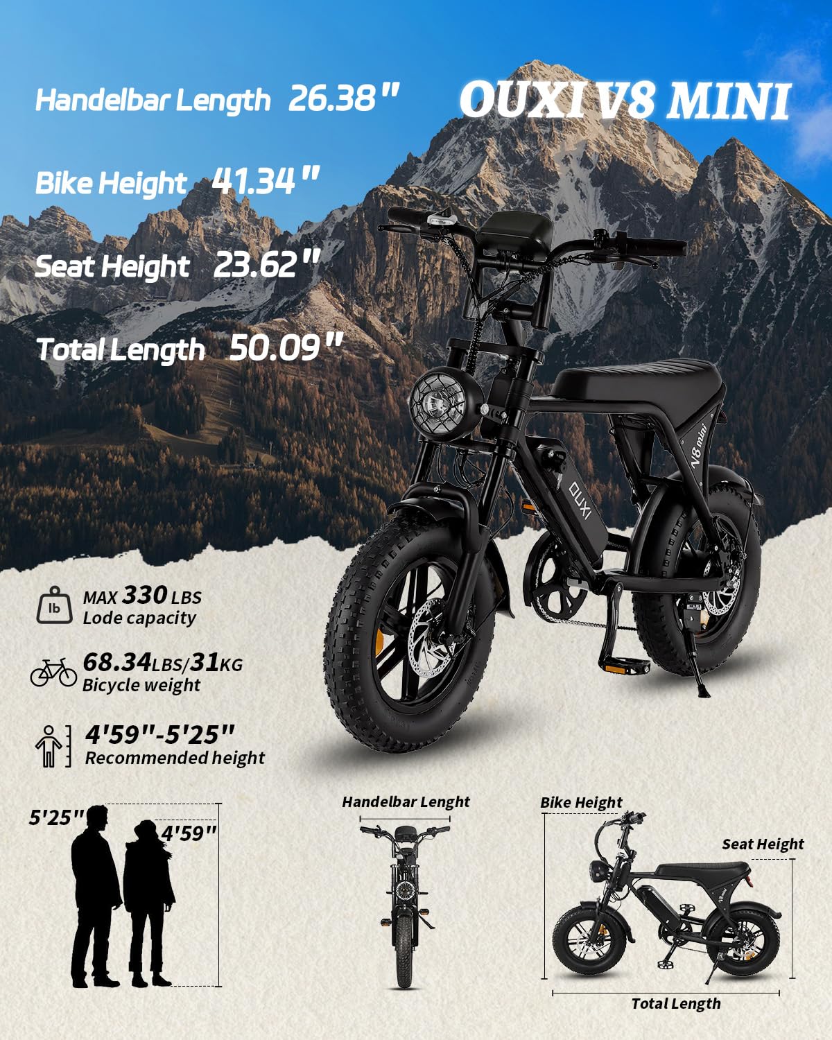OUXI V8 Series Electric Bike for Adults, Peak 500W/1000W,20/31 MPH, 10.4/15/30 AH Removable Battery, 16''/20" Fat Tire Electric Bike,7-Speed Gear Electric Bicycles,Ebike Moped for Commuting & Off-Road